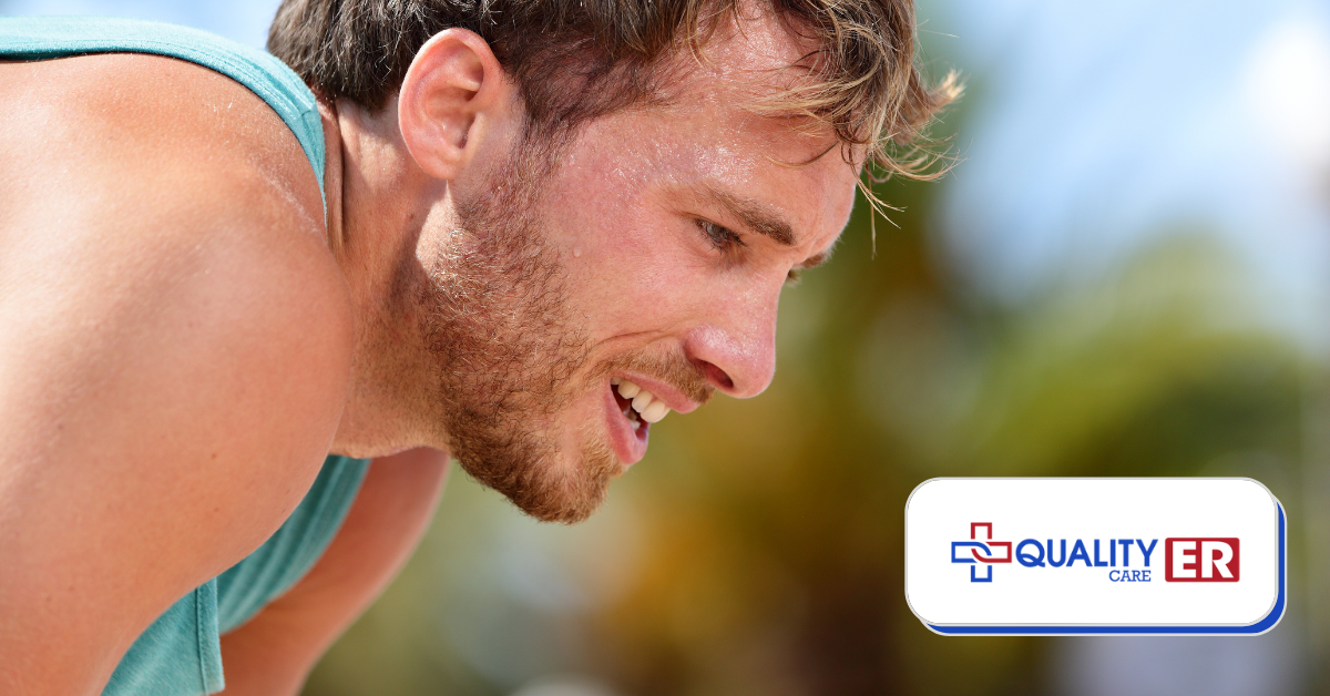 man hot sweating during summer overheating and dehydrated wearing a blue tank top